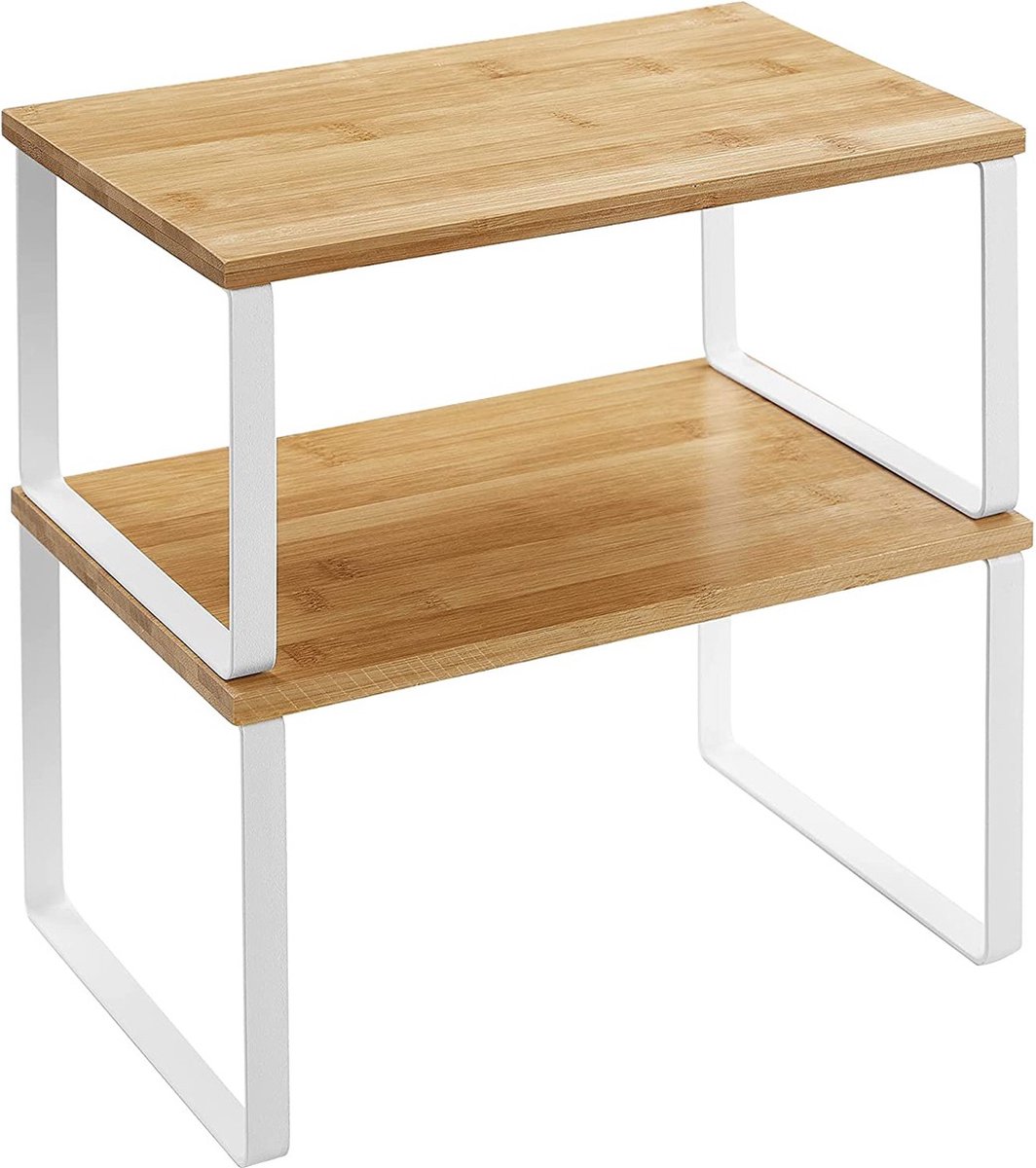 Sovima - Kruidenrek, set van 2, keukenplank, keukenorganiser, uitbreidbaar, kruidenhouder, stapelbaar, gemaakt van metaal en bamboe, wit-naturel KCS02NW