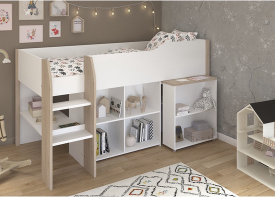 Lit combiné Moscon 90x200 - blanc/chêne - Parisot - Lits d'enfant avec barrière - Blanc|Brun - Panneaux de particules - Lits d'enfant avec barrière