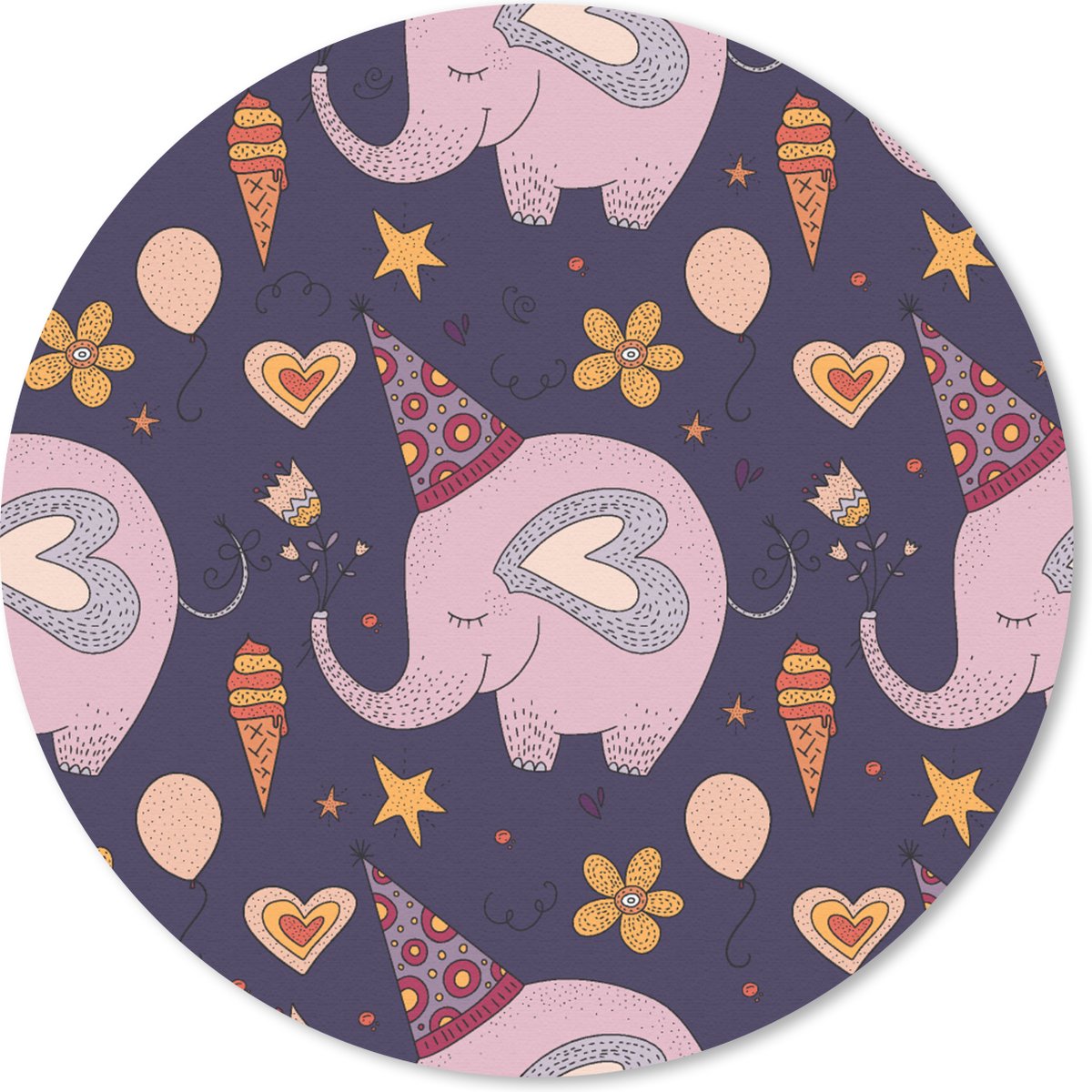Muismat - Mousepad - Rond - Verjaardag - Olifant - Bloemen - Patronen - 40x40 cm - Ronde muismat
