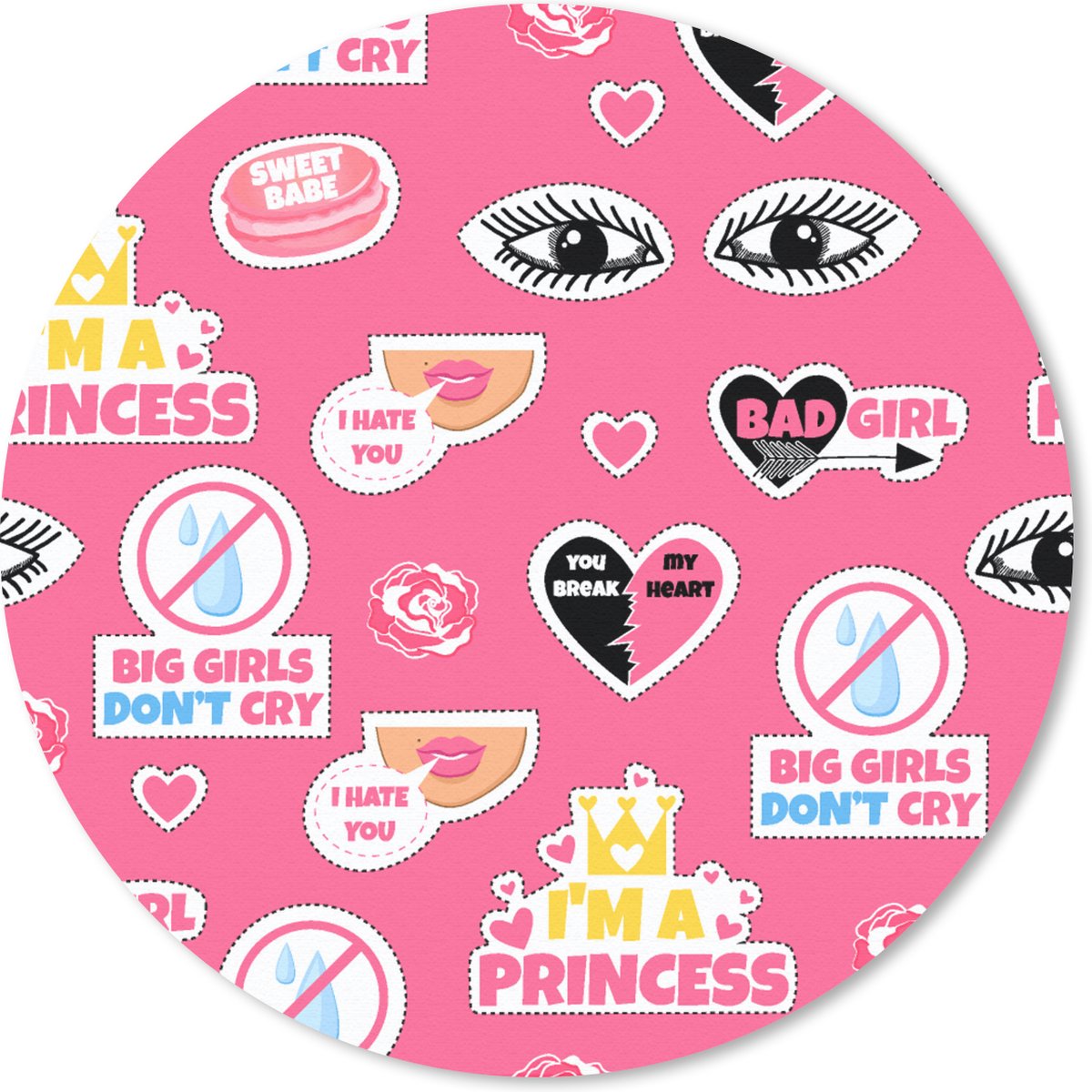 Muismat rond 50x50 cm - Mousepad Meisjes - Roze - Prinses - Patroon - Ronde muismatten