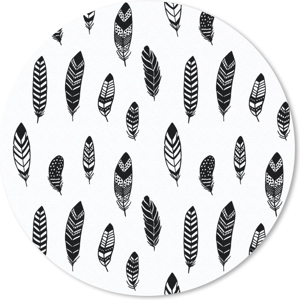 Muismat rond 30x30 cm - Mousepad Veren - Zwart Wit - Patroon - Vogel - Ronde muismatten