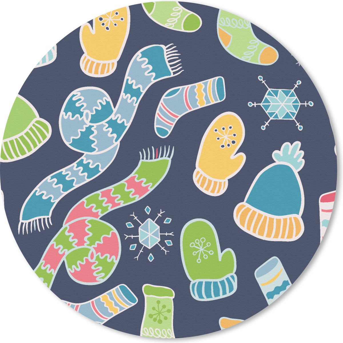 Muismat rond 40x40 cm - Mousepad Sjaal - Handschoenen - Muts - Regenboog - Winter - Patronen - Ronde muismatten