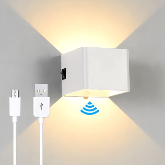 Wandlamp Met Bewegingssensor - Wandlamp Voor Binnen en Buiten - Oplaadbaar - Zwarte up-down kubus wandlamp - Wandlamp op batterijen - USB-C
