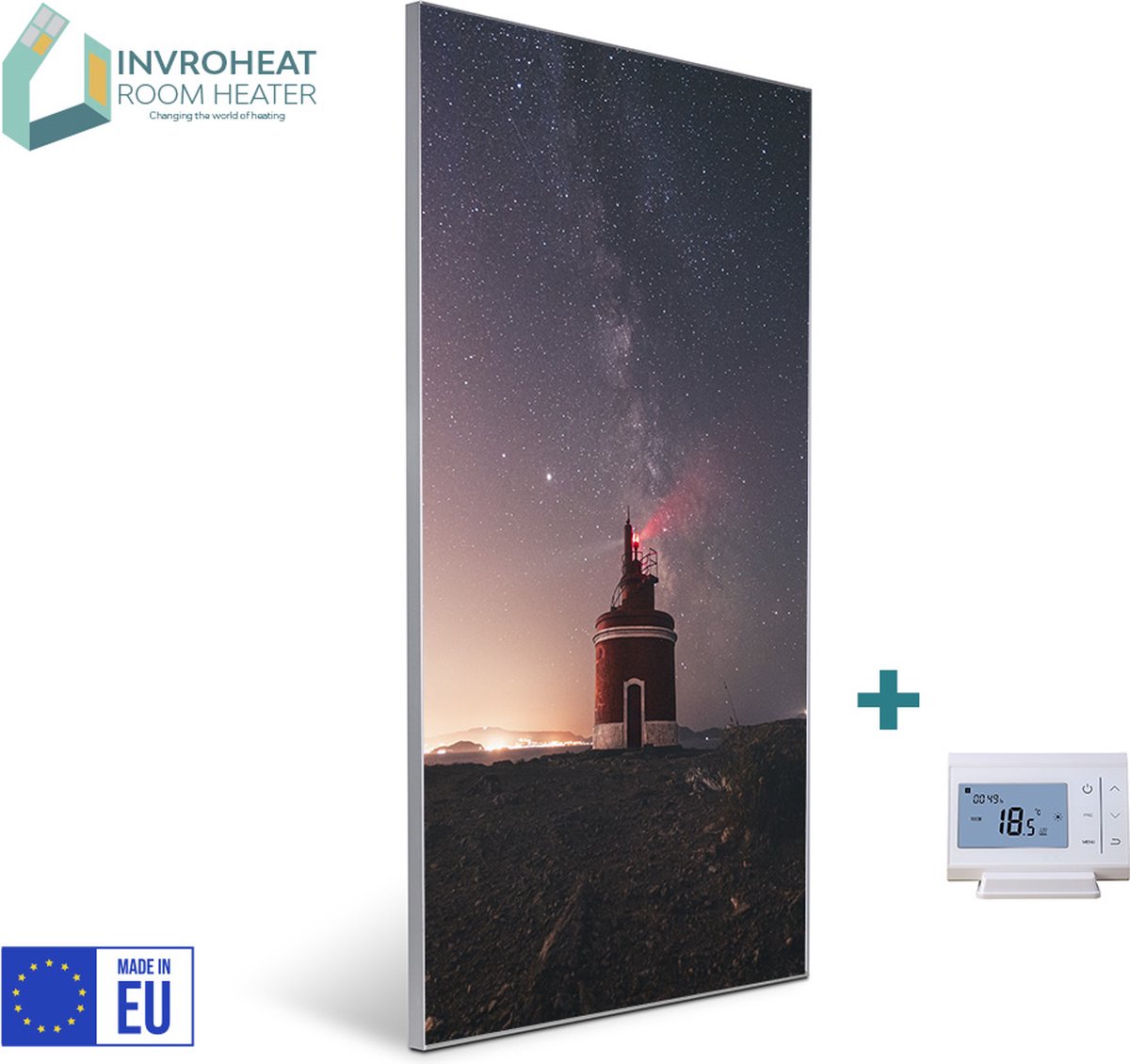 Invroheat infrarood verwarmingspaneel Lighthouse - 800W - 61x91.5cm - Duurzaam, zeer energie efficiënt en warmt snel op - afbeelding verwisselbaar - met display thermostaat - met afstandsbediening