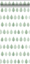papier peint intissé peinture craie squelette feuilles vert jungle tropicale et blanc mat - 128847 d'ESTAhome