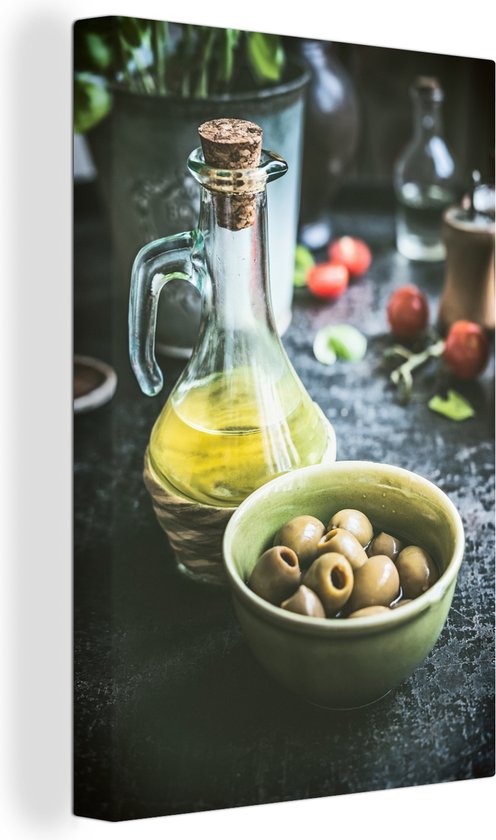 Olives dans un bol et une bouteille en verre à l'huile 20x30 cm - petit - Tirage photo sur toile (Décoration murale salon / chambre)