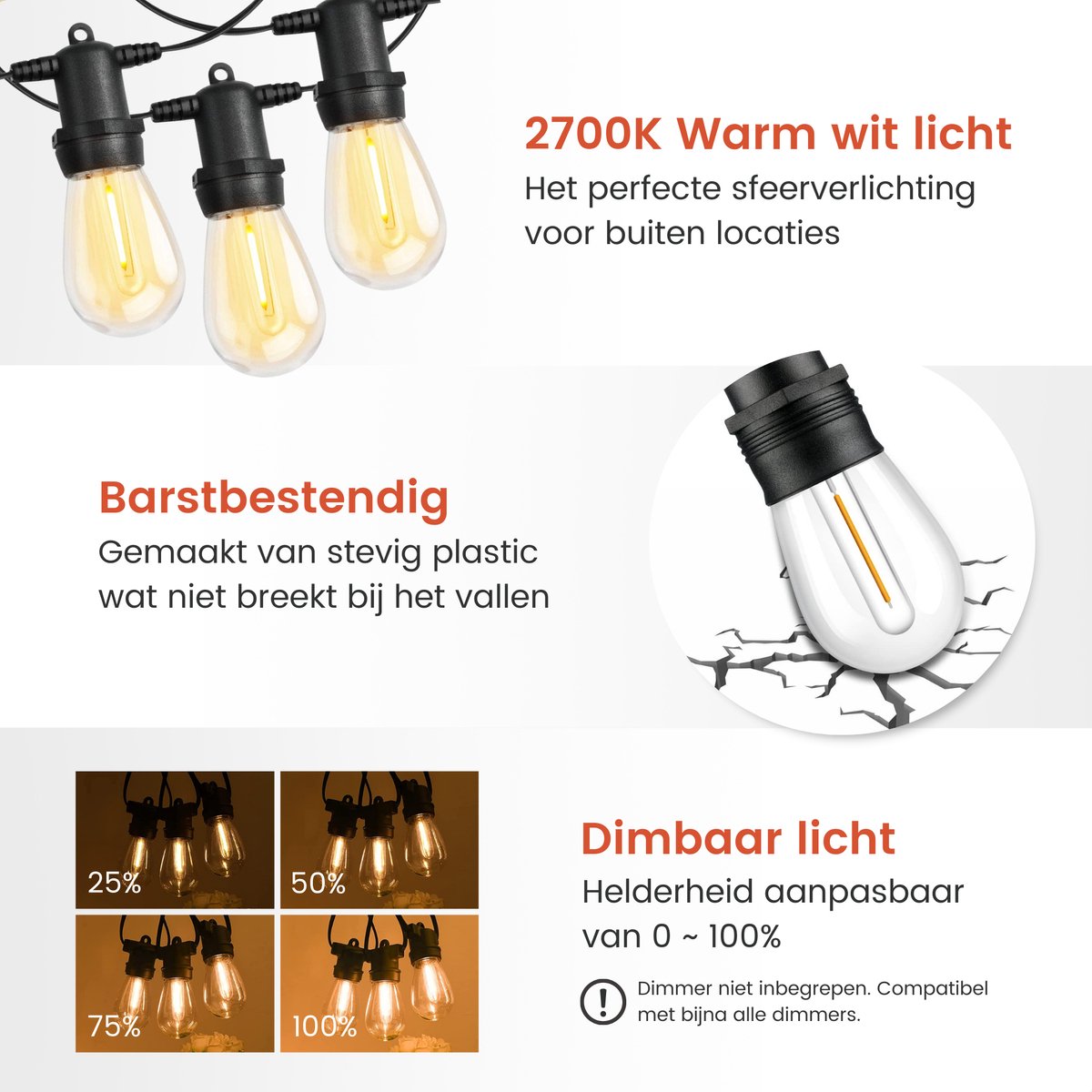 Yuucio Outdoor lichtketting voor buiten, 45 m, led-gloeilampen voor buiten, met 75 2 G40 plastic lampen, waterdicht IP44, hangende lichtketting, stroom voor tuin, terras, feest, café, 2700 K