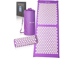 High Pulse® XXL Acupressuur Set + 5 Ringen + Poster - Extra Lange Acupressuur Mat & Kussen Stimuleert Bloedcirculatie en Verlicht Spanning (Paars)