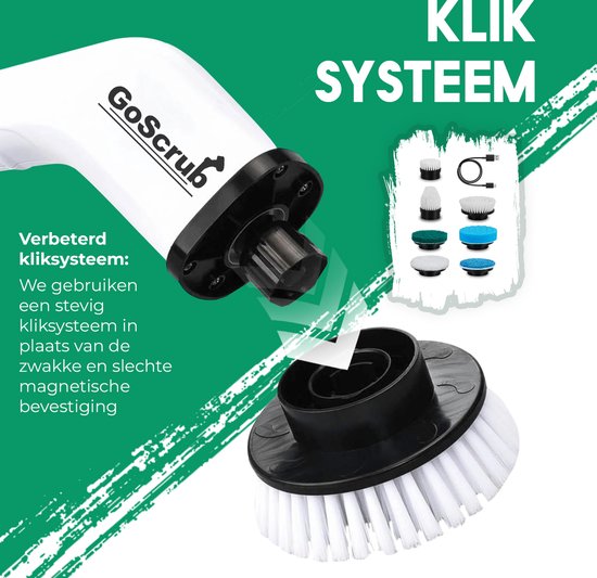 Verbeterd kliksysteem van de witte elektrische schrobborstel. Met diverse opzetstukken.