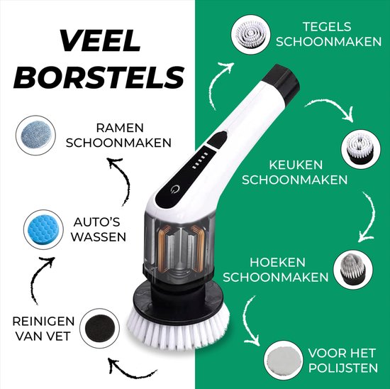 Illustratie van de veelzijdige opzetstukken van de elektrische schrobborstel.