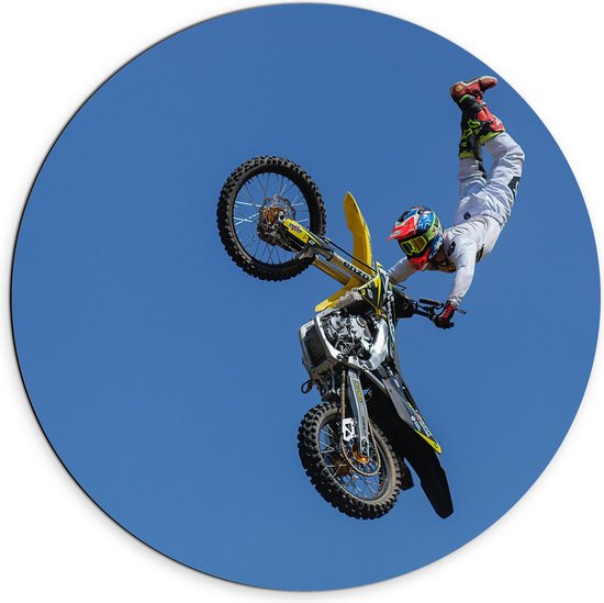 WallClassics - Dibond Muurcirkel - Stunt BMX'er in de Lucht - 70x70 cm Foto op Aluminium Muurcirkel (met ophangsysteem)