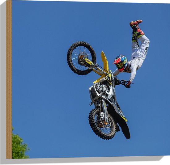 WallClassics - Hout - Stunt BMX'er in de Lucht - 50x50 cm - 12 mm dik - Foto op Hout (Met Ophangsysteem)