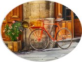 WallClassics - PVC Schuimplaat Ovaal - Oranje Fiets bij Stenen Gebouw - 80x60 cm Foto op Ovaal  (Met Ophangsysteem)