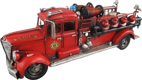 Decoratie Brandweerauto - Miniatuur 50x16x18cm - Rood- Modelauto - Blikken Brandweerwagen- IJzer