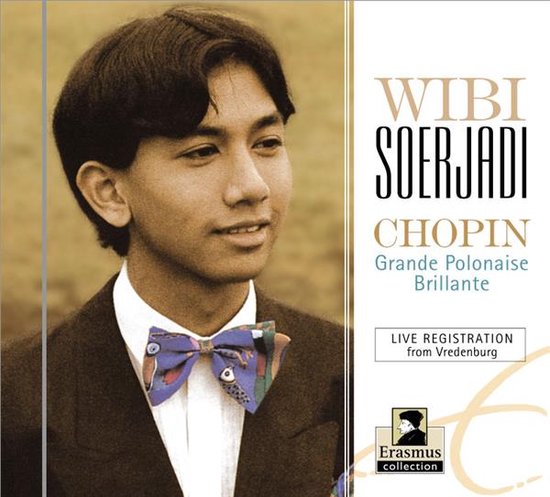 Wibi Soerjadi op albumhoes met vlinderdas, "CHOPIN Grande Polonaise Brillante", "LIVE REGISTRATION from Vredenburg".