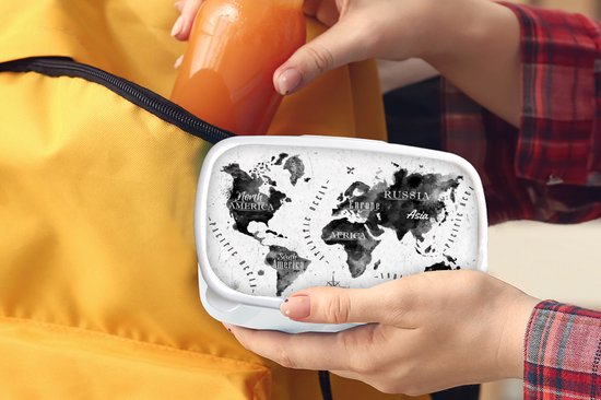 Broodtrommel Wit - Lunchbox - Brooddoos - Wereldkaart - Waterverf - Zwart - Wit - 18x12x6 cm - Volwassenen