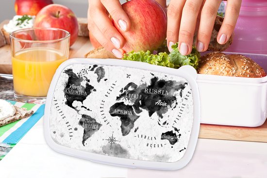 Broodtrommel Wit - Lunchbox - Brooddoos - Wereldkaart - Waterverf - Zwart - Wit - 18x12x6 cm - Volwassenen