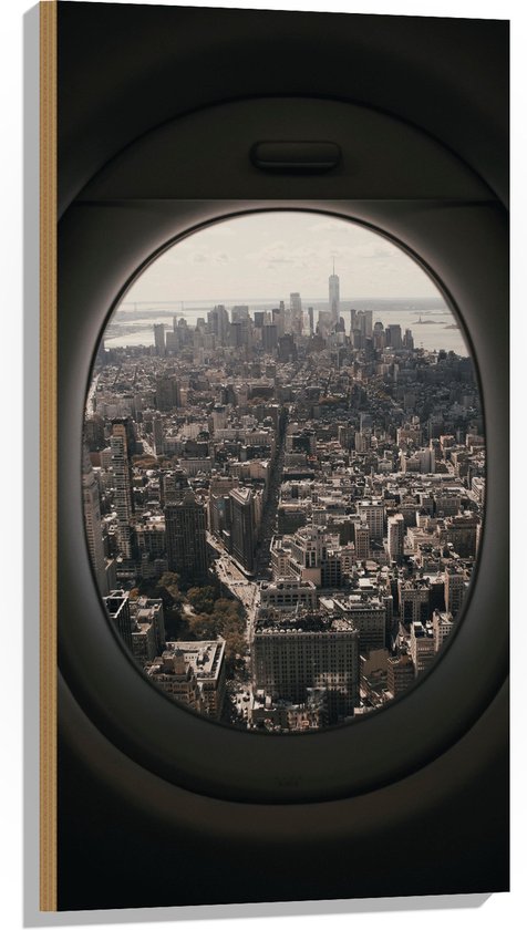 WallClassics - Hout - Uitzicht over Wereldstad vanuit Vliegtuig - 50x100 cm - 12 mm dik - Foto op Hout (Met Ophangsysteem)