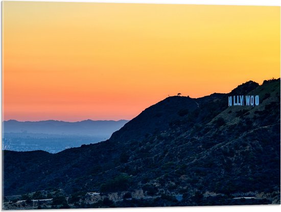 WallClassics - Acrylglas - Hollywood Sign met Zonsondergang - 80x60 cm Foto op Acrylglas (Met Ophangsysteem)