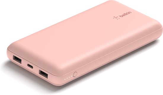 Belkin Boost-Up Charge 20.000 mAh Powerbank  – USB-A naar USB-C-Kabel – 3-Poorts – geschikt voor iPhone – 15W – Roze