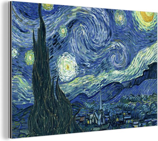 Wanddecoratie Metaal - Aluminium Schilderij Industrieel - Sterrennacht - Schilderij - Oude meesters - Vincent van Gogh - 60x40 cm - Dibond - Foto op aluminium - Industriële muurdecoratie - Voor de woonkamer/slaapkamer