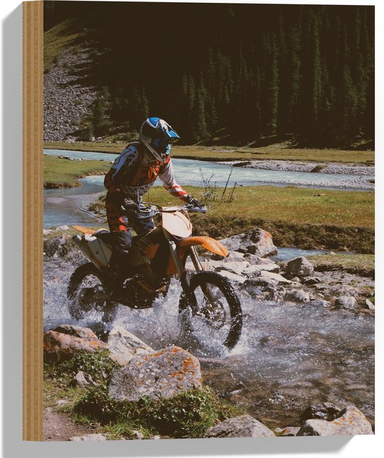 WallClassics - Hout - Motorcrosser door Riviertjes Rijdend - 30x40 cm - 12 mm dik - Foto op Hout (Met Ophangsysteem)