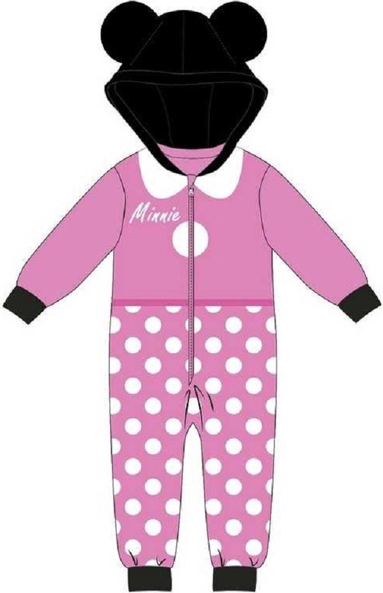 Roze Minnie Mouse onesie met witte stippen, zwarte orenkap en witte kraag met 'Minnie' tekst.
