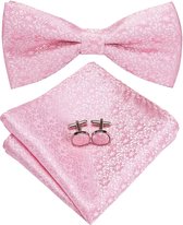 Vlinderdas inclusief pochet en manchetknopen - 100% zijden - Paisley - roze - vlinderstrik - strik - pochette - heren