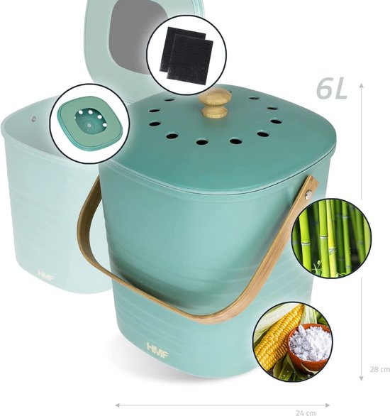 Compostemmer, 6 liter, biologische afvalemmer voor de Keuken, geurdicht en afwasbaar