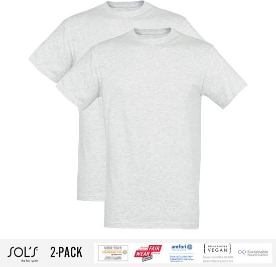 2 Pack Sol's Heren T-Shirt 100% biologisch katoen Ronde hals Ash Grey Maat M