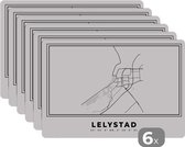 Placemat - Placemats kunststof - Plattegrond – Lelystad – Zwart Wit – Stadskaart - Kaart - Nederland - 45x30 cm - 6 stuks - Hittebestendig - Anti-Slip - Onderlegger - Afneembaar