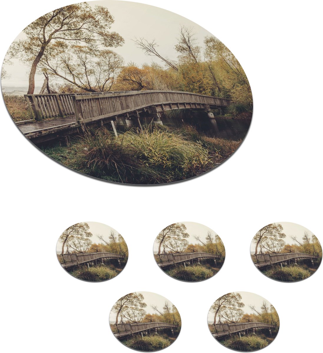 Onderzetters voor glazen - Rond - Herfst - Brug - Bomen - 10x10 cm - Glasonderzetters - 6 stuks