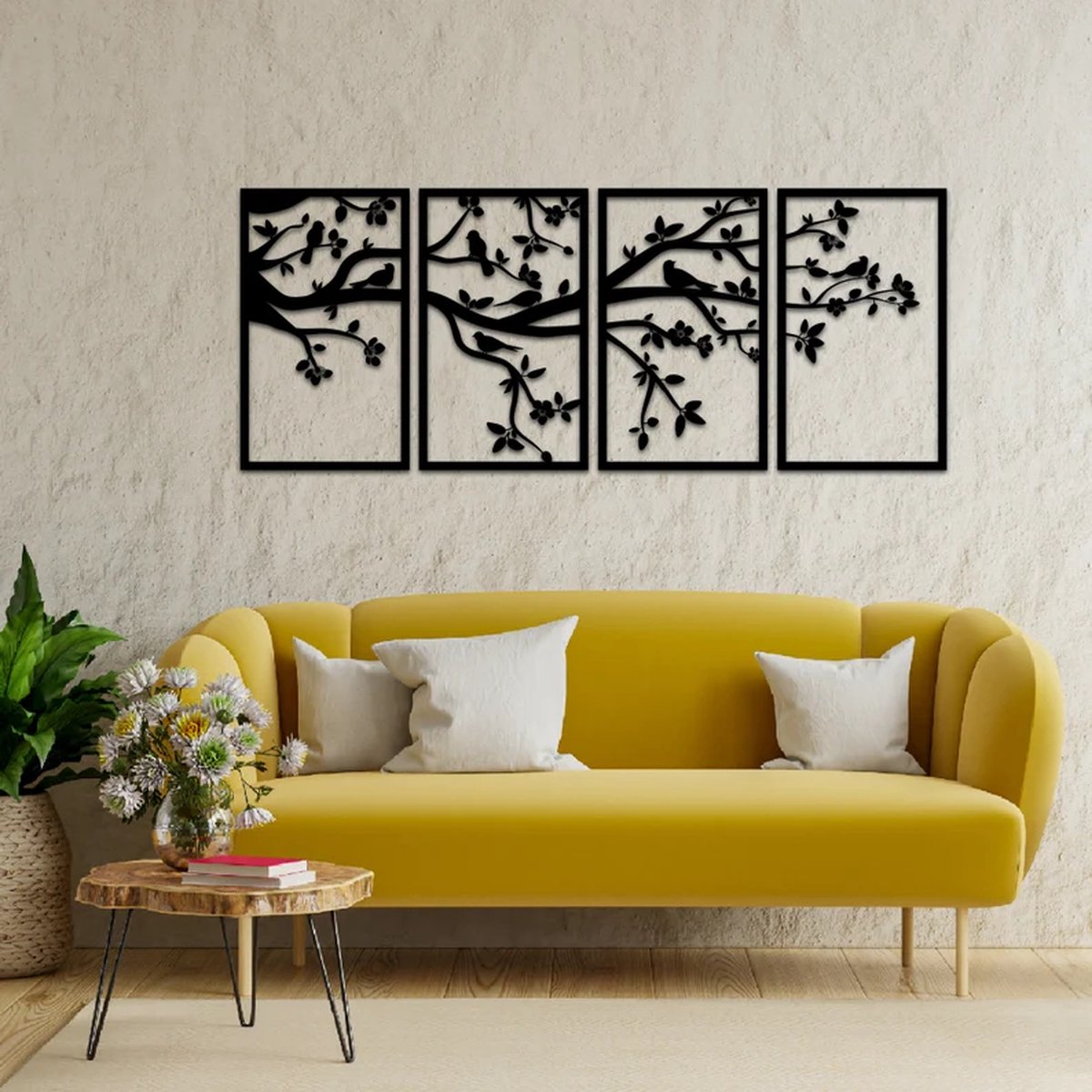 Metalen Wanddecoratie Levensboom Panelen – 3D Wandkunst – Zilver – 49 x 125 cm – Set van 4