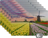 Placemat - Placemats kunststof - Windmolen - Tulpen - Bloemen - Nederland - 45x30 cm - 6 stuks - Hittebestendig - Anti-Slip - Onderlegger - Afneembaar