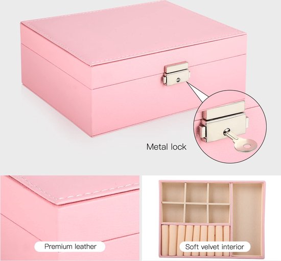Roze juwelendoos met metalen slot en sleutel, zachte fluwelen binnenkant en premium lederlook.