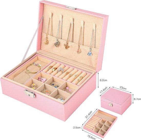Roze juwelendoos met 2 lagen, gevuld met kettingen, ringen en armbanden. Afmetingen aangegeven.