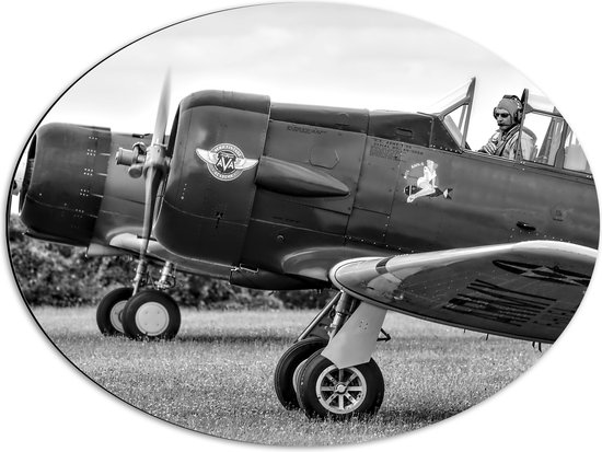WallClassics - Dibond Ovaal - Piloot in Klein Vliegtuigje in het zwart/wit - 68x51 cm Foto op Ovaal (Met Ophangsysteem)