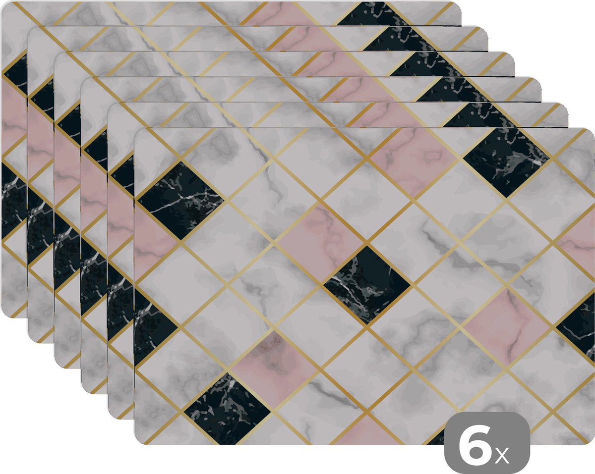 Placemat - Placemats kunststof - Marmer - Geometrische vormen - Patronen - Luxe - 45x30 cm - 6 stuks - Hittebestendig - Anti-Slip - Onderlegger - Afneembaar