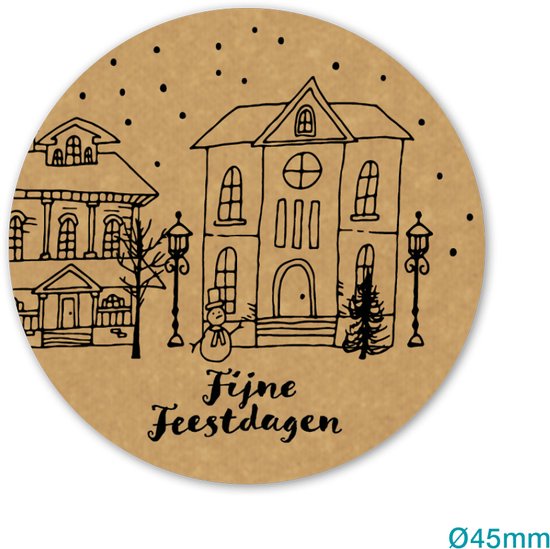 Foto: Fijne feestdagen sluitzegel xxl christmas kerst kraft zwart huisjes sneeuw lantaarns envelop sticker verjaardag bedankje cadeau gift cadeauzakje traktatie dh collection