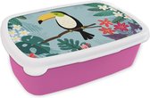 Broodtrommel Roze - Lunchbox - Brooddoos - Toekan - Planten - Bloemen - Kinderen - Dieren - Kids - 18x12x6 cm - Kinderen - Meisje