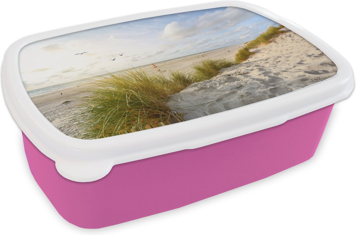 Broodtrommel Roze - Lunchbox - Brooddoos - Strand - Zee - Vogels - 18x12x6 cm - Kinderen - Meisje