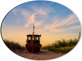 WallClassics - Dibond Ovaal - Schippersboot op het Zand in de Duinen - 40x30 cm Foto op Ovaal (Met Ophangsysteem)