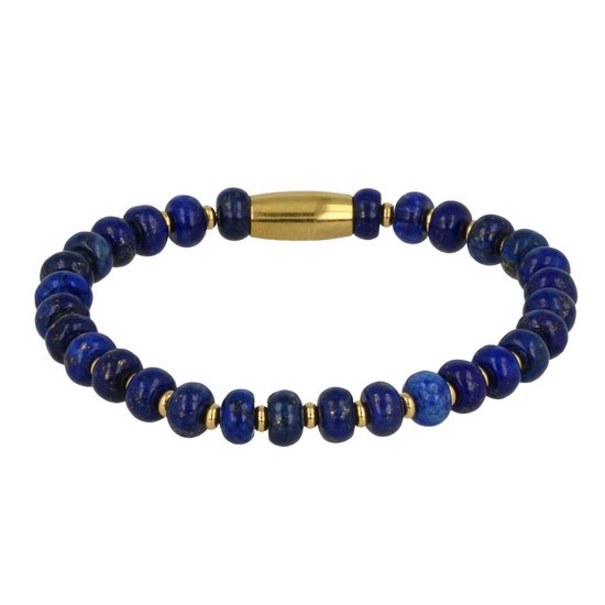 *Gouden kralenarmband met Lapiz Lazuli edelstenen - Elegante elastische kralenarmband met Lapiz Lazuli edelstenen - Met luxe cadeauverpakking