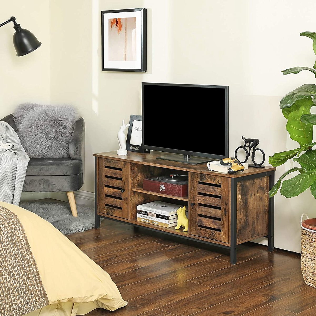 MAZAZU MIRA Home Tv meubel - Vintage tv kast met lamellendeuren en open vakken - Industrieel - Bruin