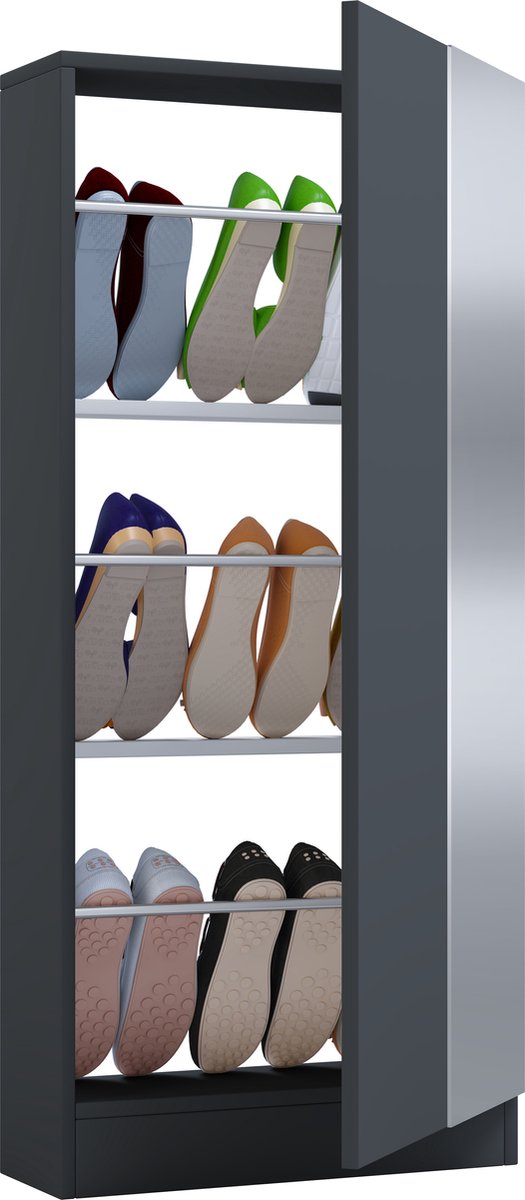 Meuble à Chaussures Mikka En Bois, étagère à Chaussures Bois Etagere A Chaussures Bois Rangement Avec 4 Abattants En Pin Massif Noir