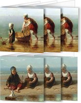 UNIEK & STIJL- luxe grote kunstkaarten- set van 6 (2 x 3) gevouwen kaarten 14.8 x 14.8 incl. envelop- J. Israëls- kinderen strand- luxe blanco kaarten- kaarten oud Hollandse Meesters- unieke kinderkaarten