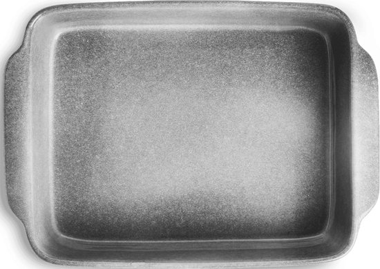 Bovenaanzicht van een grijze, rechthoekige ovenschaal met subtiele spikkels.