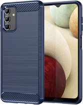 Samsung Galaxy A04s Hoesje - MobyDefend TPU Gelcase - Geborsteld Metaal + Carbonlook - Blauw - GSM Hoesje - Telefoonhoesje Geschikt Voor Samsung Galaxy A04s