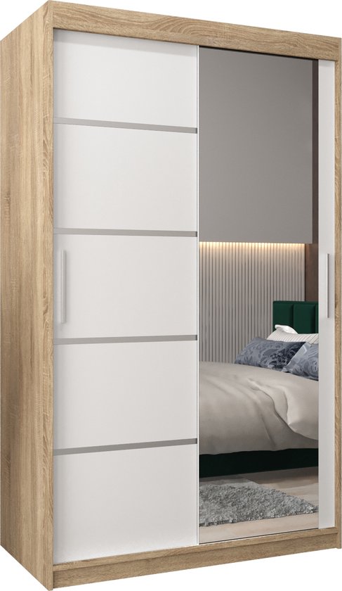 InspireMe - Kledingkast met 2 schuifdeuren, Modern-stijl, Kledingkast met planken (BxHxD): 120x200x62 - VENTILA II 120 Sonoma Eik + Wit Mat