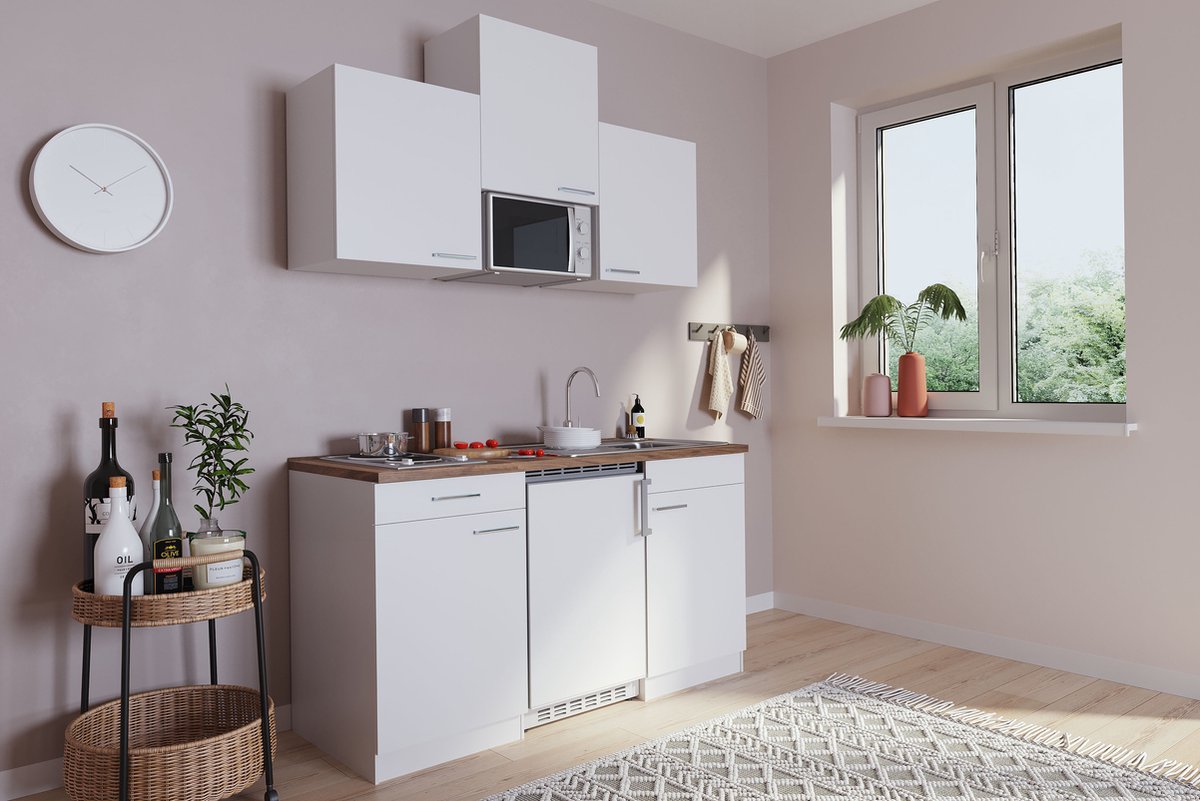 Goedkope keuken 150 cm - complete kleine keuken met apparatuur Luis - Wit/Wit - elektrische kookplaat - koelkast - magnetron - mini keuken - compacte keuken - keukenblok met apparatuur